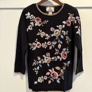 Tiara International Sweater Women Small Black Embroidered Floral Textured 3D Vtg